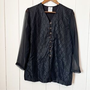 Vintage Style My Way Black Lace Sheer Sleeved Button Down Shirt. Size Medium.
